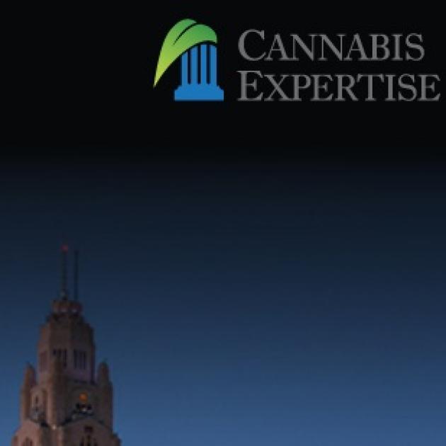 The words Cannabis Expertise in the top right corner and at the bottom is the leveque lincoln tower