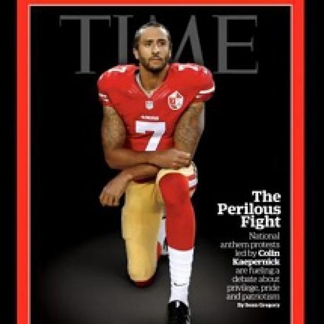 Magazine cover with word TIME at the top and football player in red and gold jersey kneeling and facing the camera and words about him - Colin Kapernick