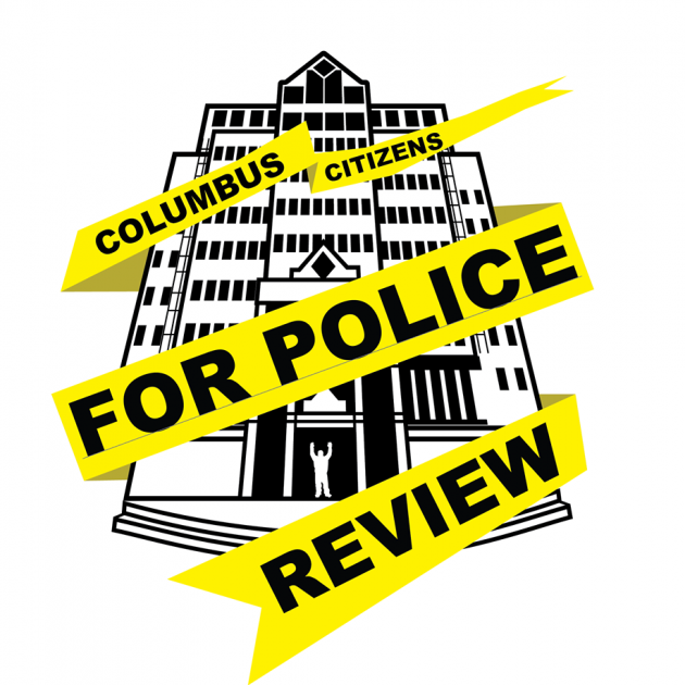 Police building in black and white sketch with yellow emergency tape with words Columbus Citizens for Police Review