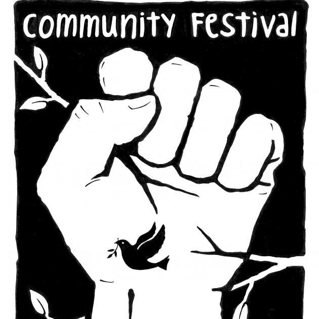 Comfest logo, a white fist in the air against black background