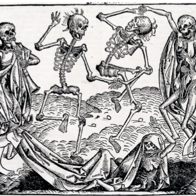 Black and white drawing of scary medieval skeletons