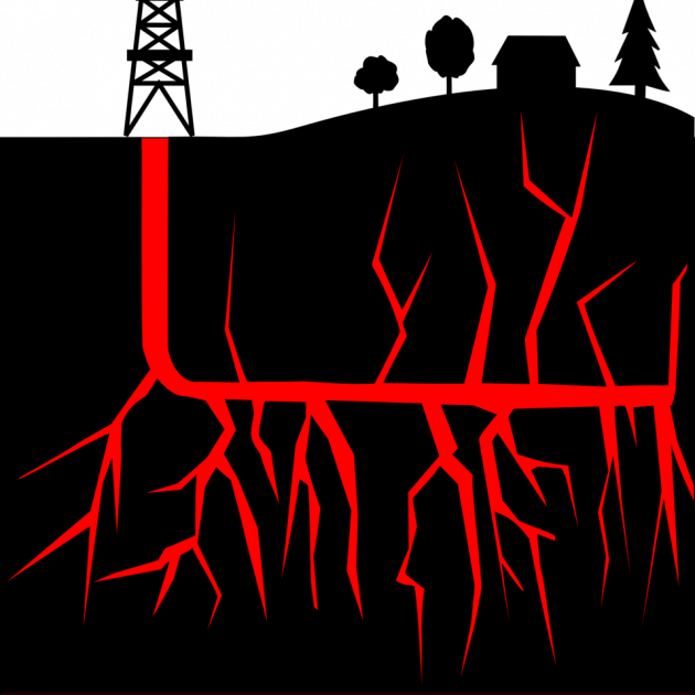 Black and red image of the ground on top with a fracking tower, trees and a house and below red lines branching out underneath