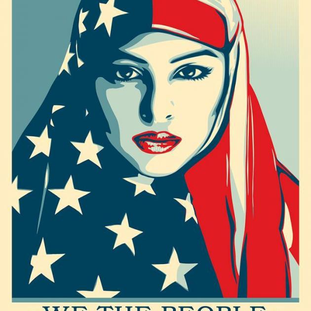 Red white and Blue headresson a Muslim woman