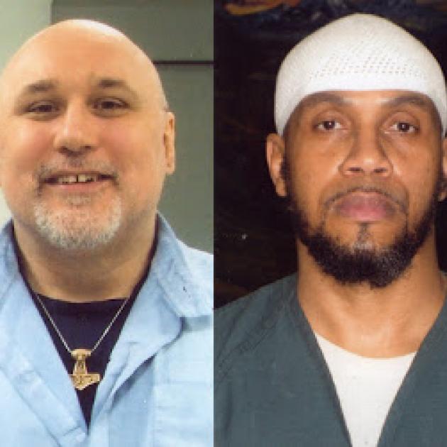 Two photos side by side, two men, on the left is white he is bald with a gold necklace, on the right he is black with a white hat and a beard. 