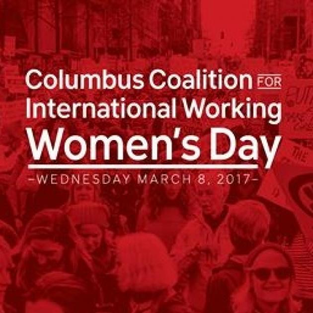 Red logo with women marching in background, words Columbus Coalition International Working women's day