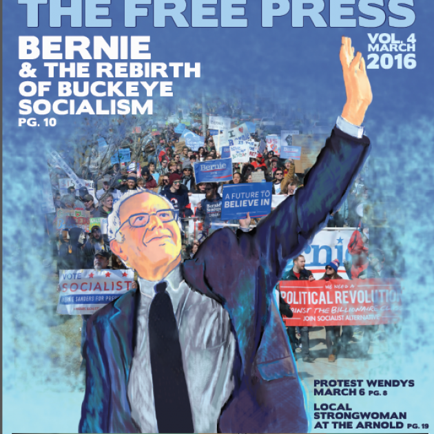 Cover of Free Press, artist rendering of Bernie Sanders, people marching in the background
