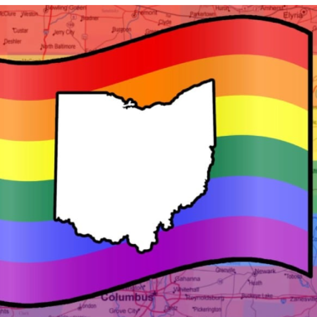 Outline of Ohio against rainbow flag