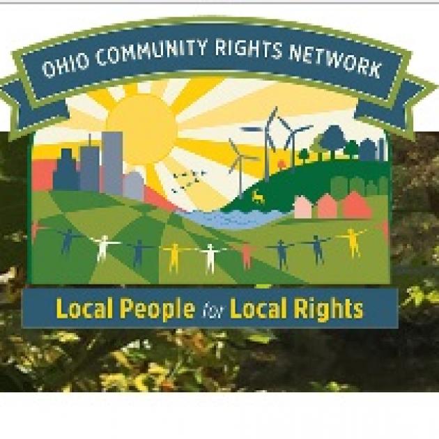 Colorful drawing of a landscape with a sun, windmills, people holding hands, some trees and the words Ohio Community Rights Network