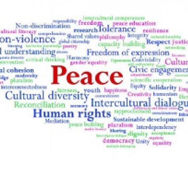 The word in red Peace with a bunch of related words all around it like Human Rights and Cultural Diversity