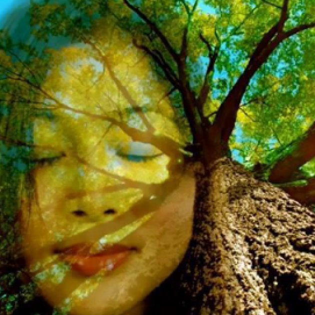 Woman's face against a tree