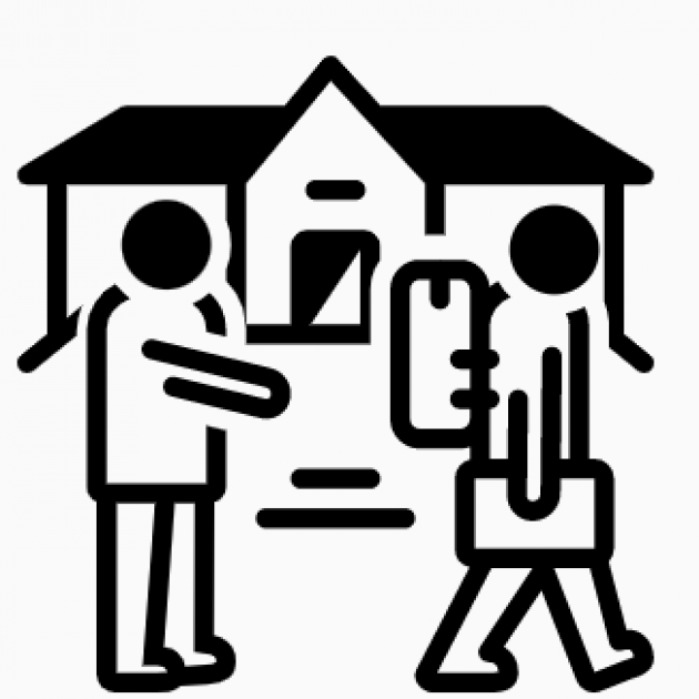Line drawing of person leaving home with baggage