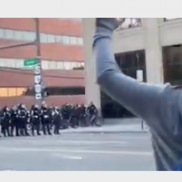 Police line and demonstrator with hands in air