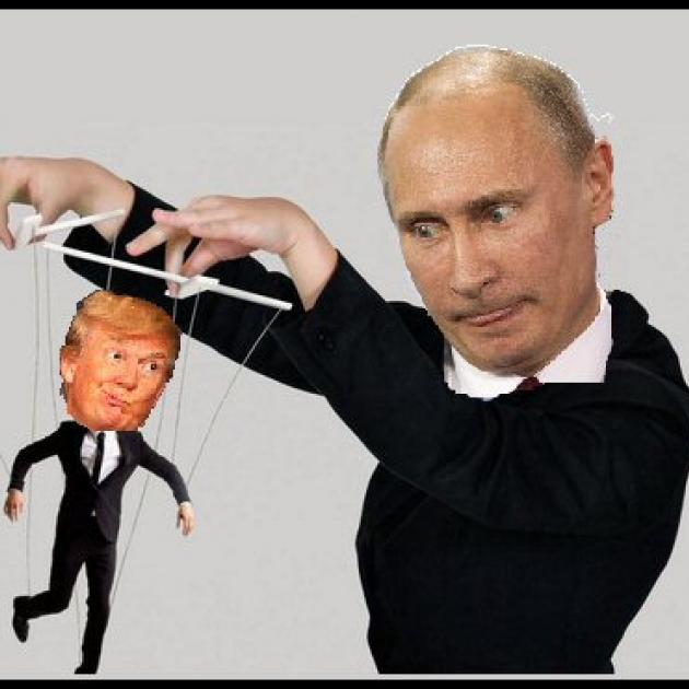 Putin, balding white guy wearing black holding puppet strings with Trump as the puppet