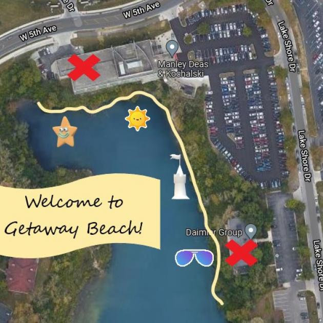 Birds eye view of quarry and words Welcome to Getaway Beach!