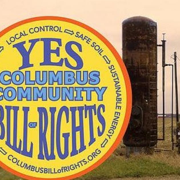Logo from Columbus Community Bill of Rights and an injection well in the background