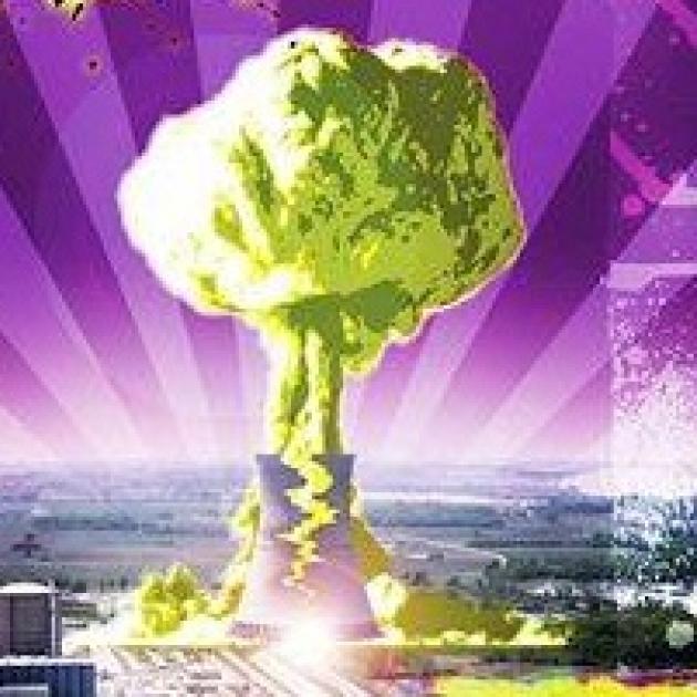Purple background with nuke plant blowing up in a mushroom cloud
