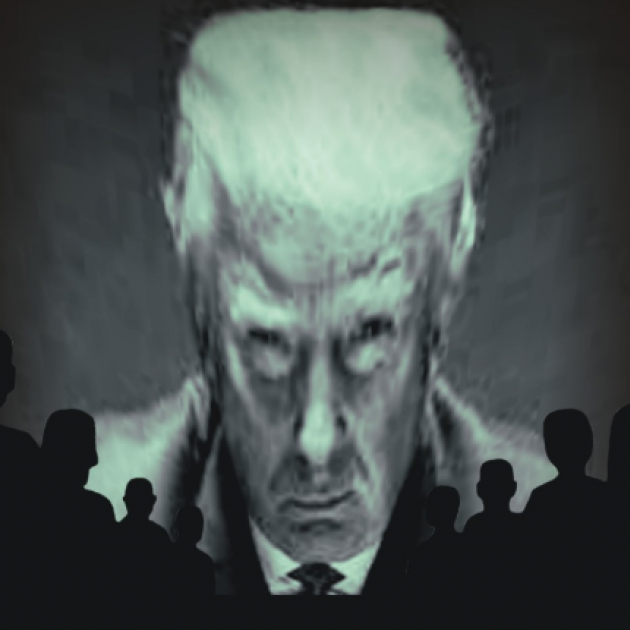 Trump head on a screen like a monster with silhouettes of people watching
