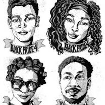 Sketch of four young black people, two women, two men, with words BlackPride4
