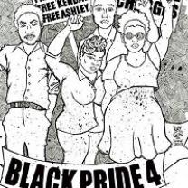 Drawing of four young black people with fists in air and words Black Pride 4