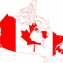 Map of Canada with red and white image of flag on the map