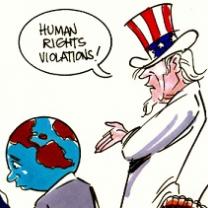 Drawing of Uncle Sam in a red, white and blue top hat talking to the world saying Human RIghts Violations