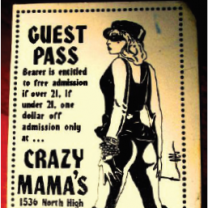 Guest pass from Crazy Mama's with a picture of a woman in leather