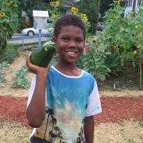 Young black boy smiling and holding a very large zucchini on his shoulder, standing in a garden