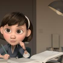 3D cartoon girl at a table with pencil and book