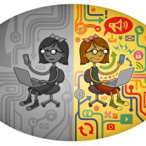 Cartoon of girl black/white on one side and on color on a computer surrounded by technical symbols