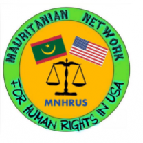 Circle logo yellow in middle green around edge words Mauritanian Network for human rights in USA and in themiddle a Mauritanian flag and US flag and scale 
