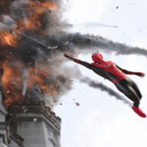 Spiderman in red and blue leotard hanging from a thread swinging out from a burning building