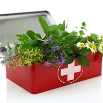 Red medical box with a white cross on the front full of flowers