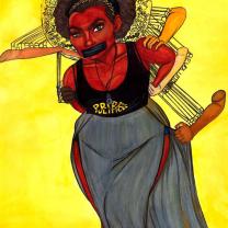 Drawing of black woman with black tape over her mouth with white hands and arms grabbing her from behind