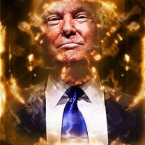 Donald Trump in suit with swirly gold around his head