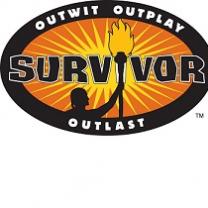 Oval with the word Survivor in the middle and a drawing of a guy with a torch and the words Outwit Outplay and Outlast on the perimeter