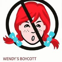 Drawing of girl's head with red pigtails with blue bows and freckles with a circle and line through it in black on top of her indicating No, and the words Wendy's Boycott