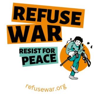 Refuse War, resist for peace and man breaking a gun in half