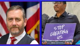 Daidi Yost & guy holding Stop Cheating Us sign