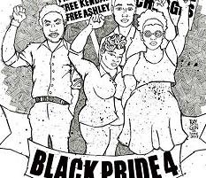 Sketch of four young black people with fists in air and words BlackPride4