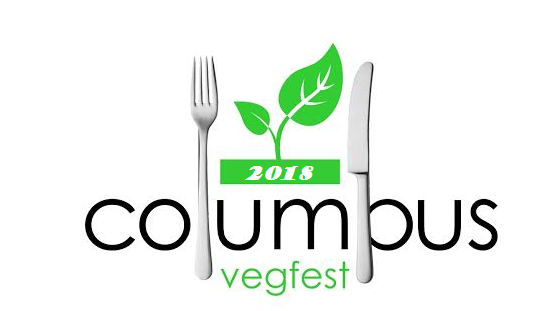 Green leaf and a fork and knife and words Columbus Vegfest