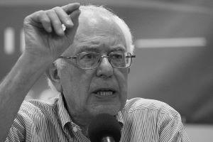Black and white photo of Bernie Sanders gesturing as he talks