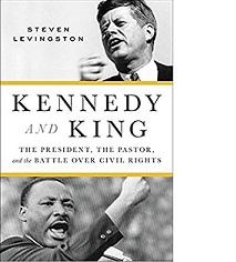 Book cover with photo of John F Kennedy and and MLK both shouting with their fists in the air and the word Kennedy and King