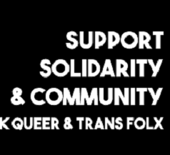 Black background and white letters saying Support Solidarity & Community Black, Queer and Trans Folx