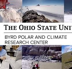 Montage of photos in the background of cliffs, mountains, snow, and words The Ohio State University Byrd Polar and Climate Research Center