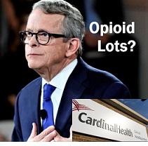 Older white man with gray hair and black rimmed glasses in a suit looking to the left and an insert at bottom right of a Cardinal Health building and the words Opioid Lots?