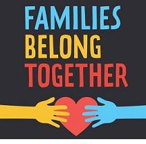 Black background with a yellow hand coming from the left and a blue hand from the right holding a red heart in the middle and the words Families Belong Together