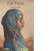 Drawing of a black young woman wearing a blue burqa and the words Far Tune Autumn