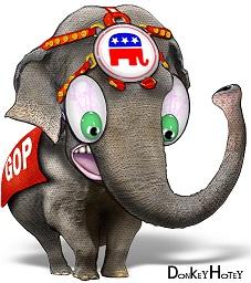 Cartoon of an elephant with a GOP banner on his side looking wide eyed and upset