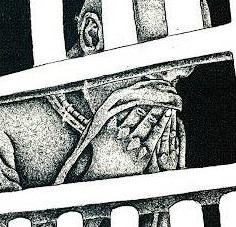 Black and white sketch of man behind bars holding hankerchief to his face