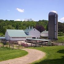 A barn, silo, fenced in yard, curvy road leading to it, grass on the sides and hill with trees in background